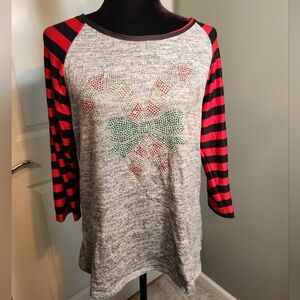 Festive Gray and Red Striped Women's Long Sleeve Top
